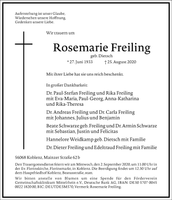 Traueranzeige von Rosemarie Freiling von Frankfurter Allgemeine Zeitung