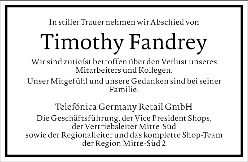  Traueranzeige für Timothy Fandrey vom 06.08.2020 aus Frankfurter Allgemeine Zeitung