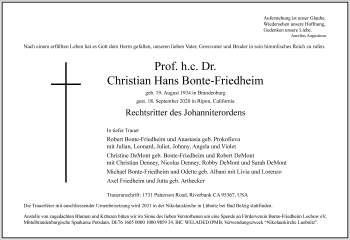 Traueranzeige von Christian Hans Bonte-Friedheim von Frankfurter Allgemeine Zeitung