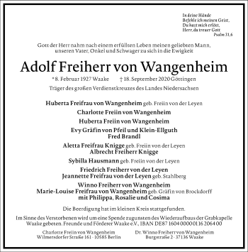 Traueranzeige von Adolf Freiherr von Wangenheim von Frankfurter Allgemeine Zeitung