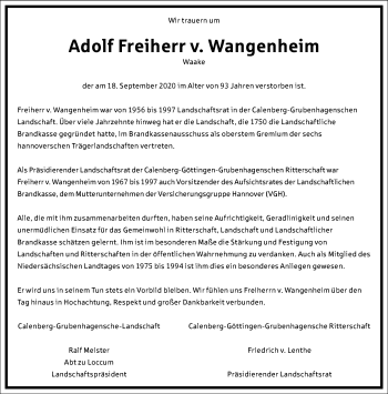 Traueranzeige von Adolf Freiherr von Wangenheim von Frankfurter Allgemeine Zeitung