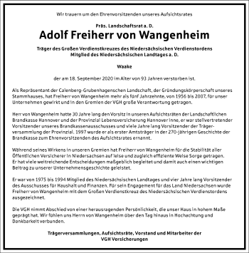 Traueranzeige von Adolf Freiherr von Wangenheim von Frankfurter Allgemeine Zeitung