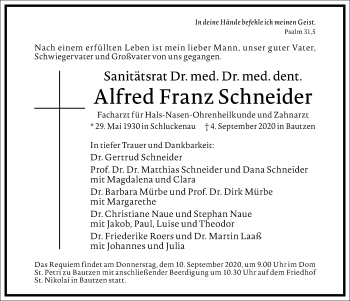 Traueranzeige von Alfred Franz Schneider von Frankfurter Allgemeine Zeitung