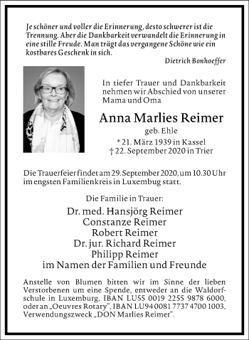 Traueranzeige von Anna Marlies Reimer von Frankfurter Allgemeine Zeitung