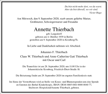 Traueranzeige von Annette Thierbach von Frankfurter Allgemeine Zeitung