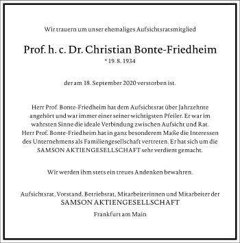 Traueranzeige von Christian Bonte-Friedheim von Frankfurter Allgemeine Zeitung