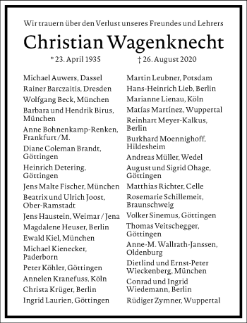 Traueranzeige von Christian Wagenknecht von Frankfurter Allgemeine Zeitung