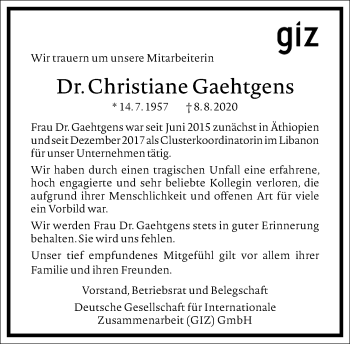 Traueranzeige von Christiane Gaehtgens von Frankfurter Allgemeine Zeitung