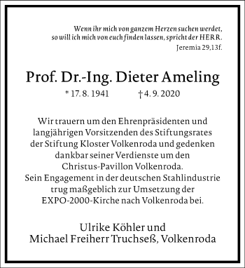 Traueranzeige von Dieter Ameling von Frankfurter Allgemeine Zeitung