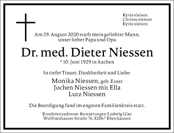 Traueranzeige von Dieter Niessen von Frankfurter Allgemeine Zeitung