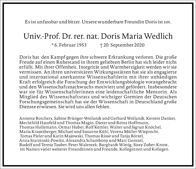  Traueranzeige für Doris Maria Wedlich vom 02.10.2020 aus Frankfurter Allgemeine Zeitung