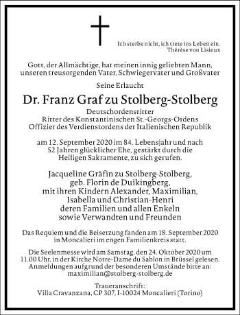 Traueranzeige von Franz Graf zu Stolberg-Stolberg von Frankfurter Allgemeine Zeitung