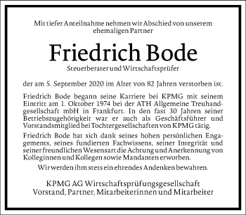 Traueranzeige von Friedrich Bode von Frankfurter Allgemeine Zeitung