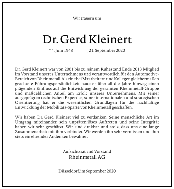Traueranzeige von Gerd Kleinert von Frankfurter Allgemeine Zeitung