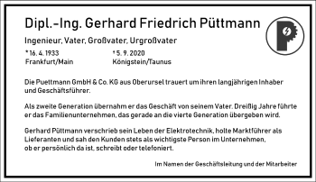 Traueranzeige von Gerhard Friedrich Püttmann von Frankfurter Allgemeine Zeitung