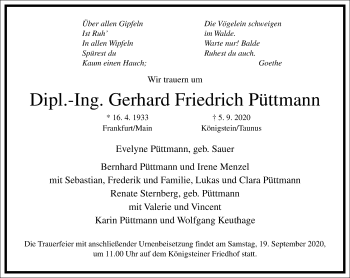 Traueranzeige von Gerhard Friedrich Püttmann von Frankfurter Allgemeine Zeitung