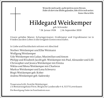 Traueranzeige von Hildegard Weitkemper von Frankfurter Allgemeine Zeitung