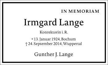 Traueranzeige von Irmgard Lange von Frankfurter Allgemeine Zeitung