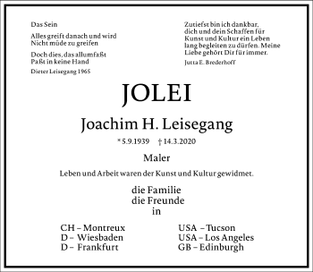 Traueranzeige von Joachim H. Leisegang von Frankfurter Allgemeine Zeitung