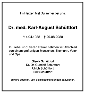 Traueranzeige von Karl-August Schüttfort von Frankfurter Allgemeine Zeitung