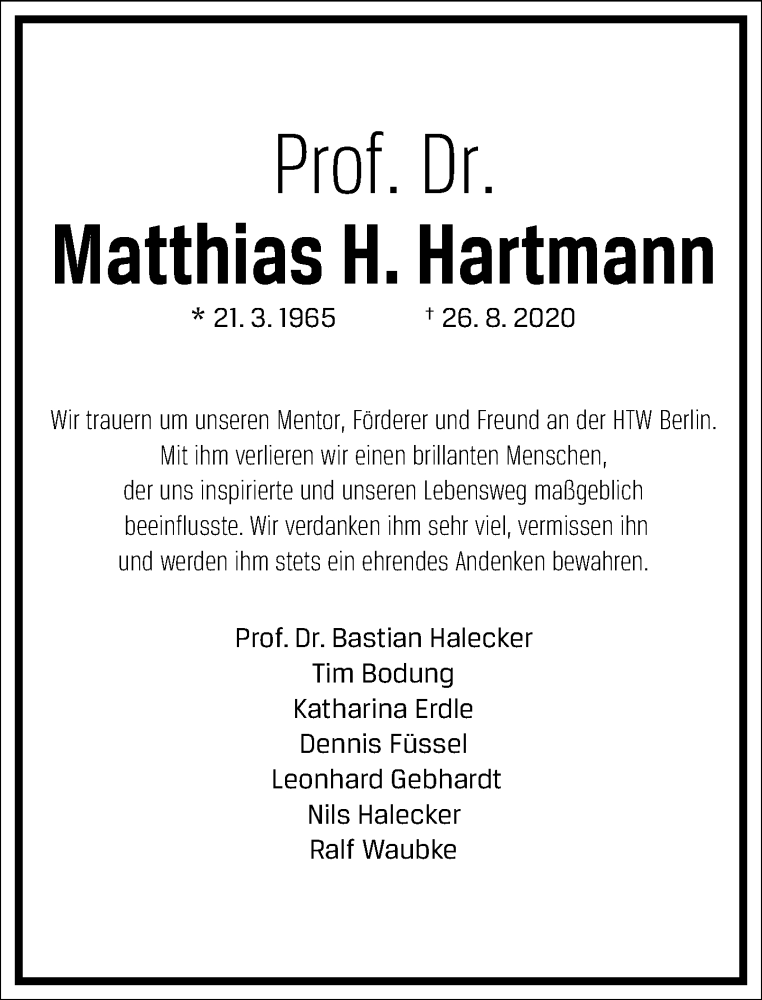  Traueranzeige für Matthias H. Hartmann vom 05.09.2020 aus Frankfurter Allgemeine Zeitung