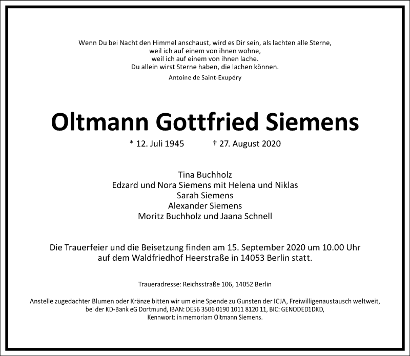  Traueranzeige für Oltmann Gottfried Siemens vom 05.09.2020 aus Frankfurter Allgemeine Zeitung