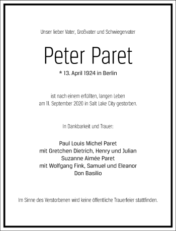 Traueranzeige von Peter Paret von Frankfurter Allgemeine Zeitung