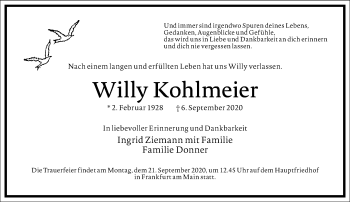 Traueranzeige von Willy Kohlmeier von Frankfurter Allgemeine Zeitung