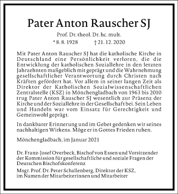 Traueranzeige von Anton Rauscher von Frankfurter Allgemeine Zeitung