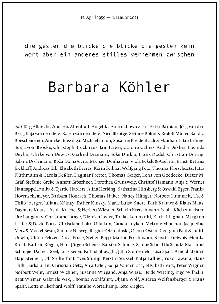  Traueranzeige für Barbara Köhler vom 16.01.2021 aus Frankfurter Allgemeine Zeitung
