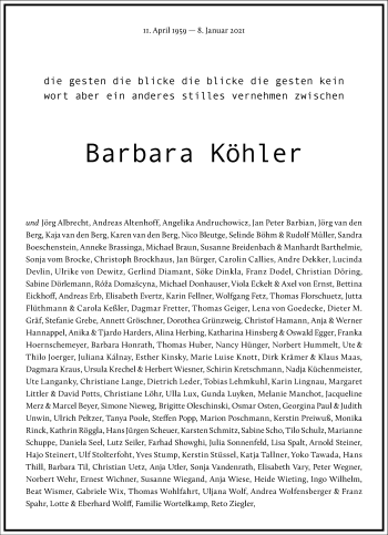 Traueranzeige von Barbara Köhler von Frankfurter Allgemeine Zeitung