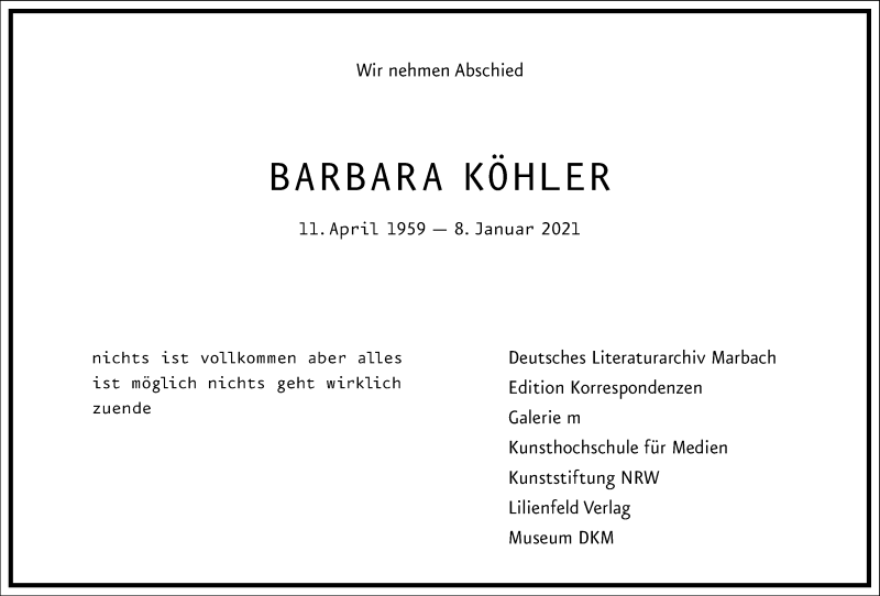  Traueranzeige für Barbara Köhler vom 16.01.2021 aus Frankfurter Allgemeine Zeitung