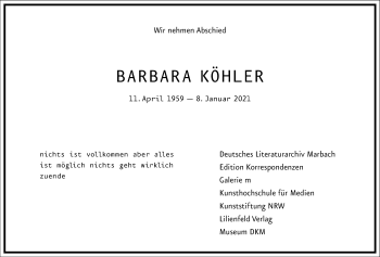 Traueranzeige von Barbara Köhler von Frankfurter Allgemeine Zeitung