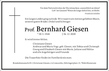 Traueranzeige von Bernhard Giesen von Frankfurter Allgemeine Zeitung