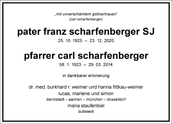 Traueranzeige von Carl Scharfenberger von Frankfurter Allgemeine Zeitung