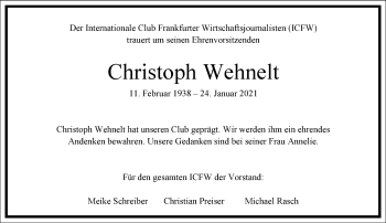 Traueranzeige von Christoph Wehnelt von Frankfurter Allgemeine Zeitung