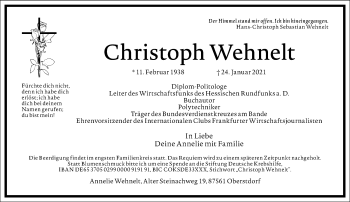 Traueranzeige von Christoph Wehnelt von Frankfurter Allgemeine Zeitung