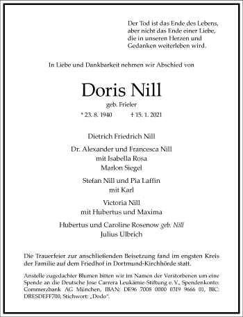 Traueranzeige von Doris Nill von Frankfurter Allgemeine Zeitung