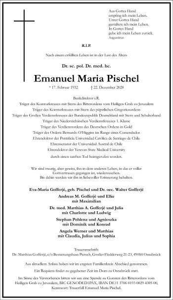 Traueranzeige von Emanuel Maria Pischel von Frankfurter Allgemeine Zeitung