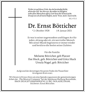 Traueranzeige von Ernst Bötticher von Frankfurter Allgemeine Zeitung