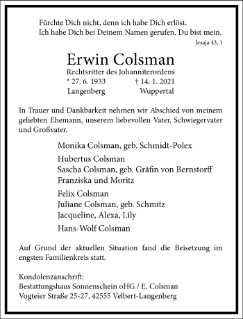 Traueranzeige von Erwin Colsman von Frankfurter Allgemeine Zeitung