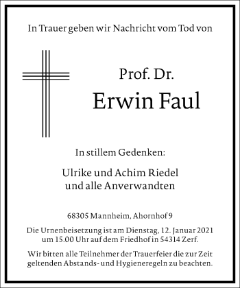 Traueranzeige von Erwin Faul von Frankfurter Allgemeine Zeitung