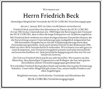 Traueranzeige von Friedrich Beck von Frankfurter Allgemeine Zeitung