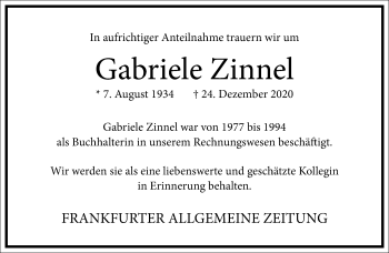 Traueranzeige von Gabriele Zinnel von Frankfurter Allgemeine Zeitung