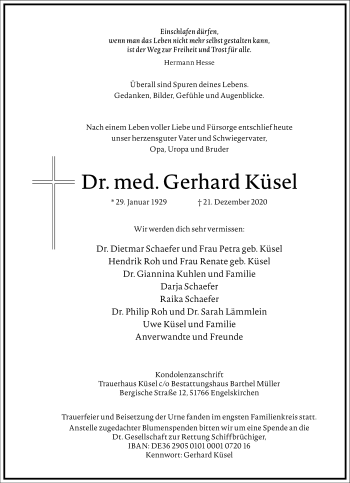 Traueranzeige von Gerhard Küsel von Frankfurter Allgemeine Zeitung