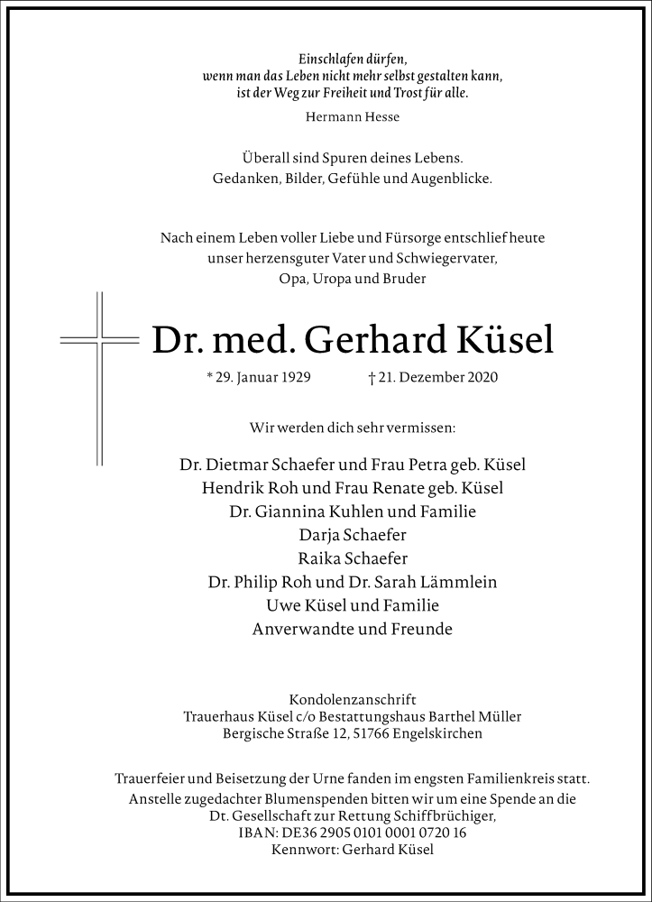  Traueranzeige für Gerhard Küsel vom 09.01.2021 aus Frankfurter Allgemeine Zeitung