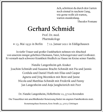 Traueranzeige von Gerhard Schmidt von Frankfurter Allgemeine Zeitung