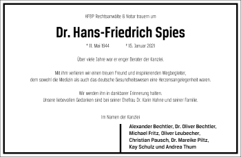 Traueranzeige von Hans-Friedrich Spies von Frankfurter Allgemeine Zeitung