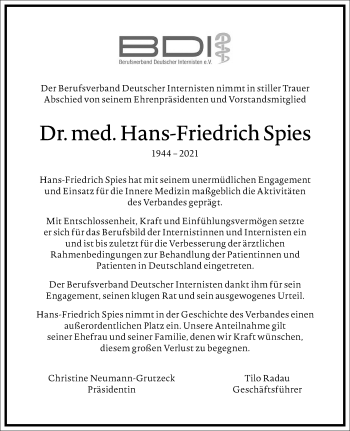 Traueranzeige von Hans-Friedrich Spies von Frankfurter Allgemeine Zeitung