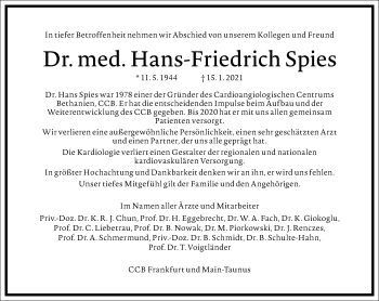 Traueranzeige von Hans-Friedrich Spies von Frankfurter Allgemeine Zeitung